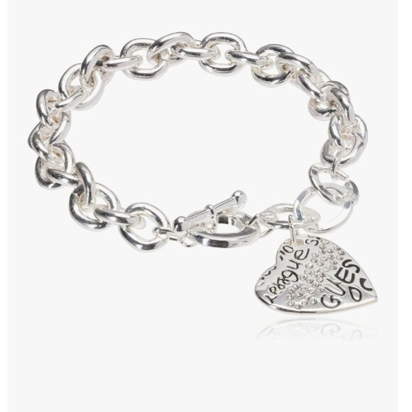 Guess Heart Graffiti Logo Silver Tone Toggle Bracelet - Picture 1 of 6